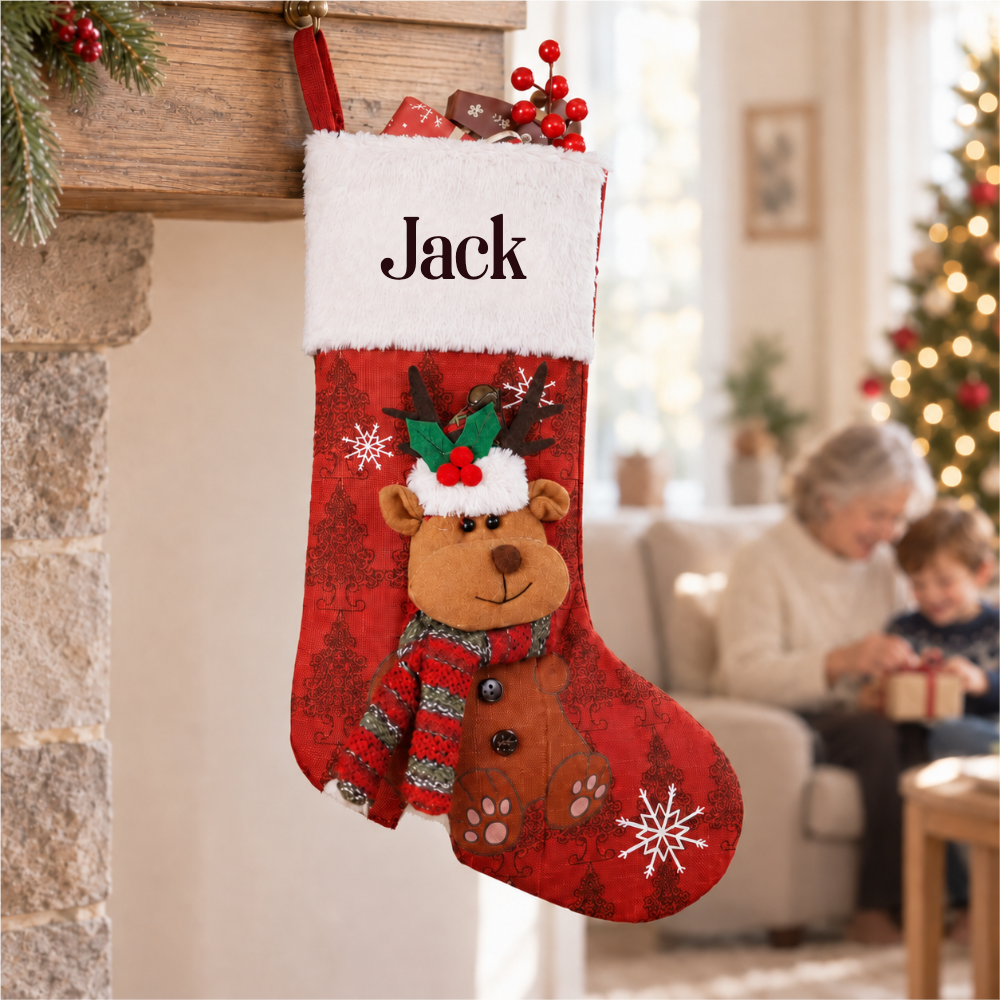 Bear Christmas Stocking with Embroidered Name shot as a still life, in a lived-in room