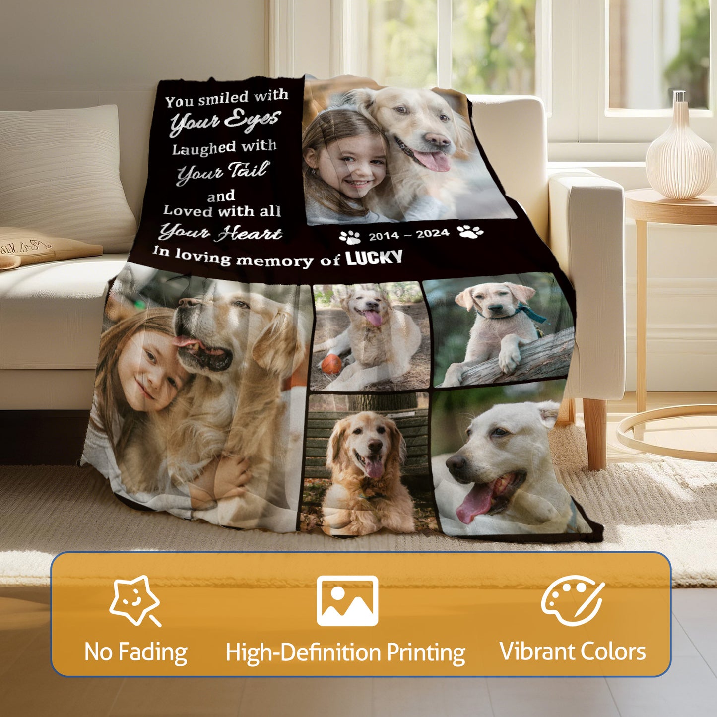 Custom Personalized Bereaved Dog Memorial Blanket with Text Image, 6 Photos