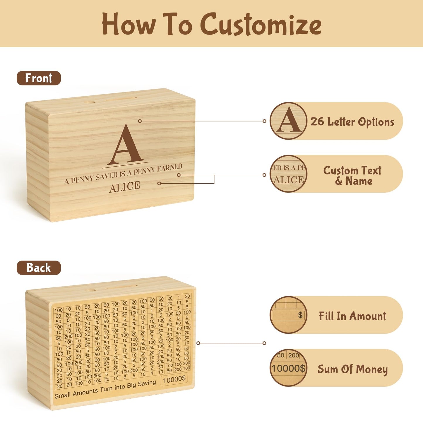 Personalized Money Banks: Custom Name Wooden Cash Boxes for Adults and Kids