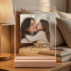 Love You Acrylic Photo Plaque for Mom on display, in a real home, not a studio