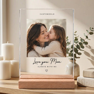 Love You Acrylic Photo Plaque for Mom on display, on a clean surface in daylight