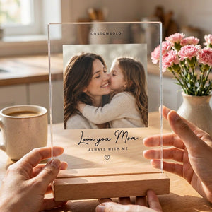Love You Acrylic Photo Plaque for Mom on display, on a neutral background