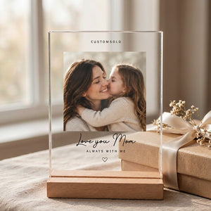 Love You Acrylic Photo Plaque for Mom on display, in a lived-in room
