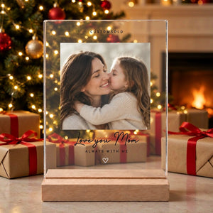 Love You Acrylic Photo Plaque for Mom on display, in a styled room setting