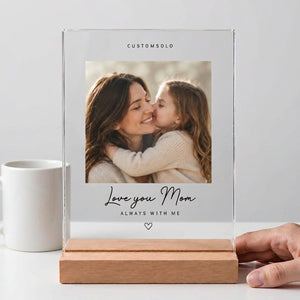 Love You Acrylic Photo Plaque for Mom on display, in a real home, not a studio