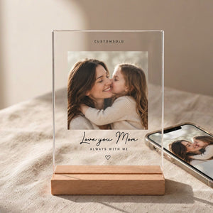 Love You Acrylic Photo Plaque for Mom on display, on a clean surface in daylight