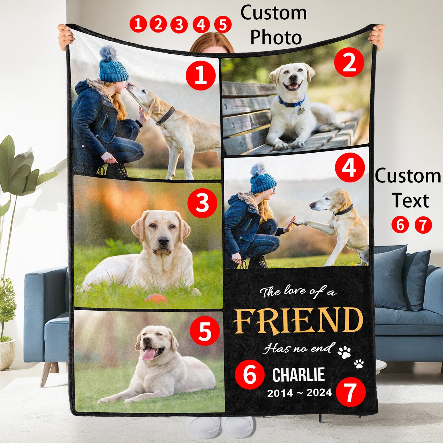 Personalized Custom Pet Memorial Blanket with Picture Text, (Dog Print Blanket) 5 Photos