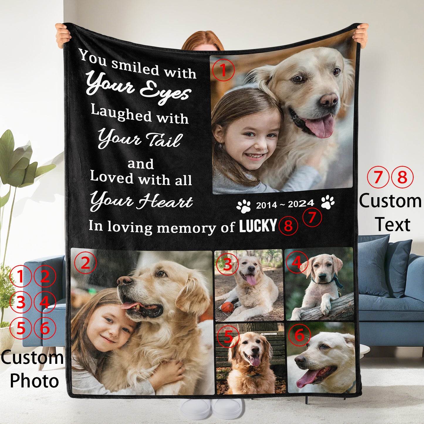 Custom Personalized Bereaved Dog Memorial Blanket with Text Image, 6 Photos