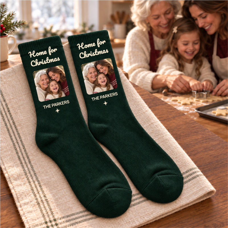 Home for Christmas Family Christmas Socks shown in context, in a real home, not a studio