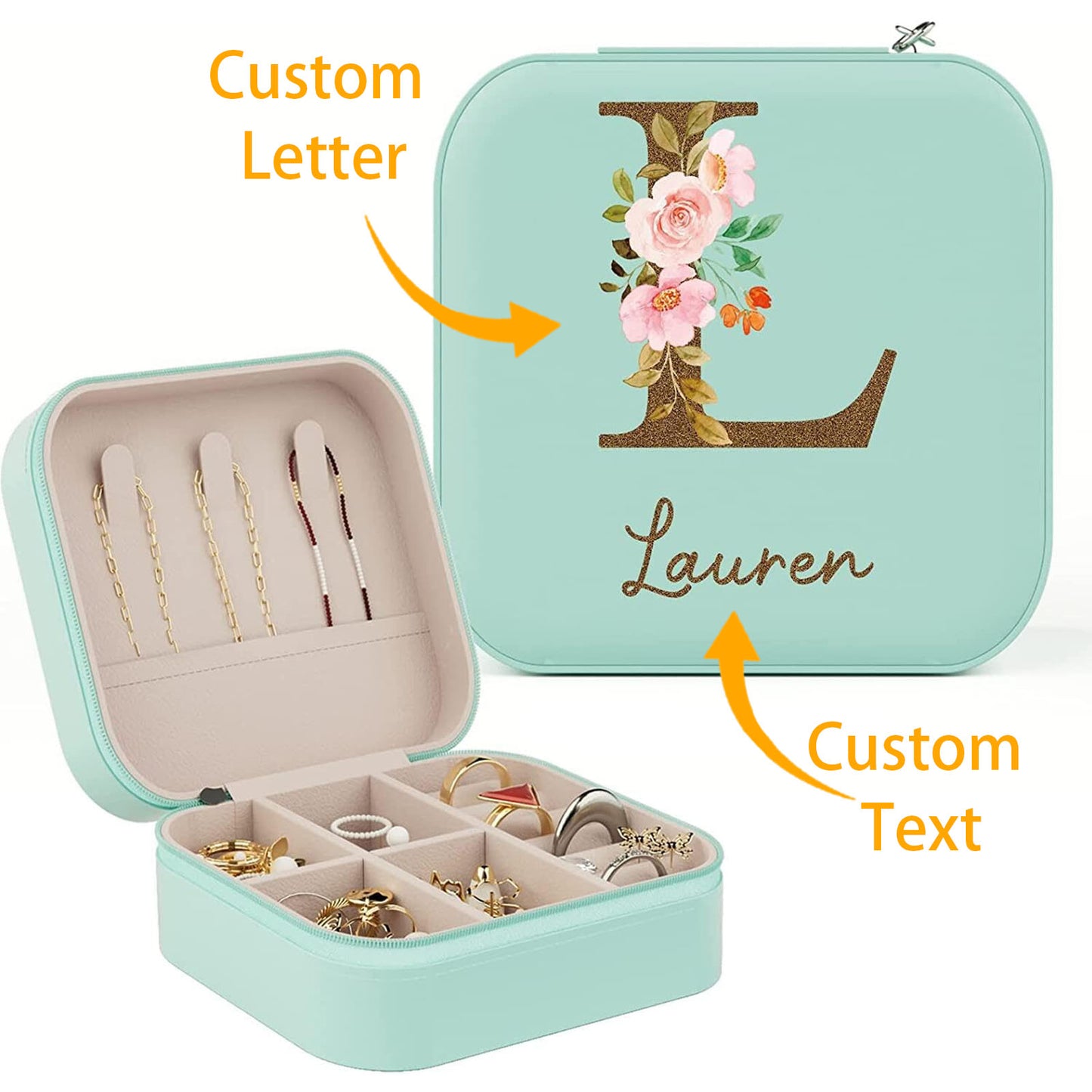 Personalized monogrammed jewelry box with initials and name