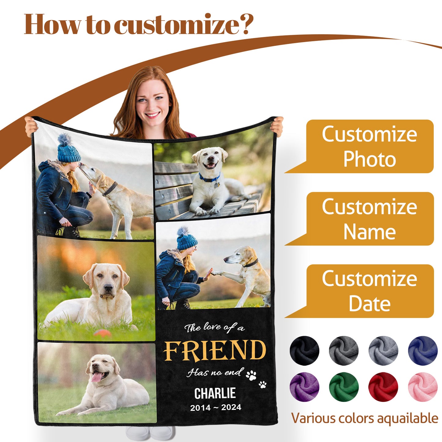 Personalized Custom Pet Memorial Blanket with Picture Text, (Dog Print Blanket) 5 Photos