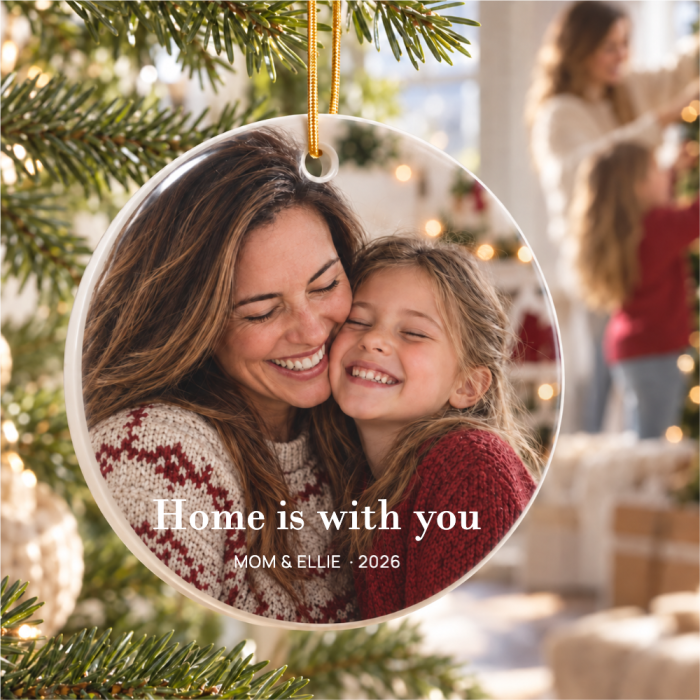 Home Is With You Christmas Ornament for Mom on display, in warm indoor light