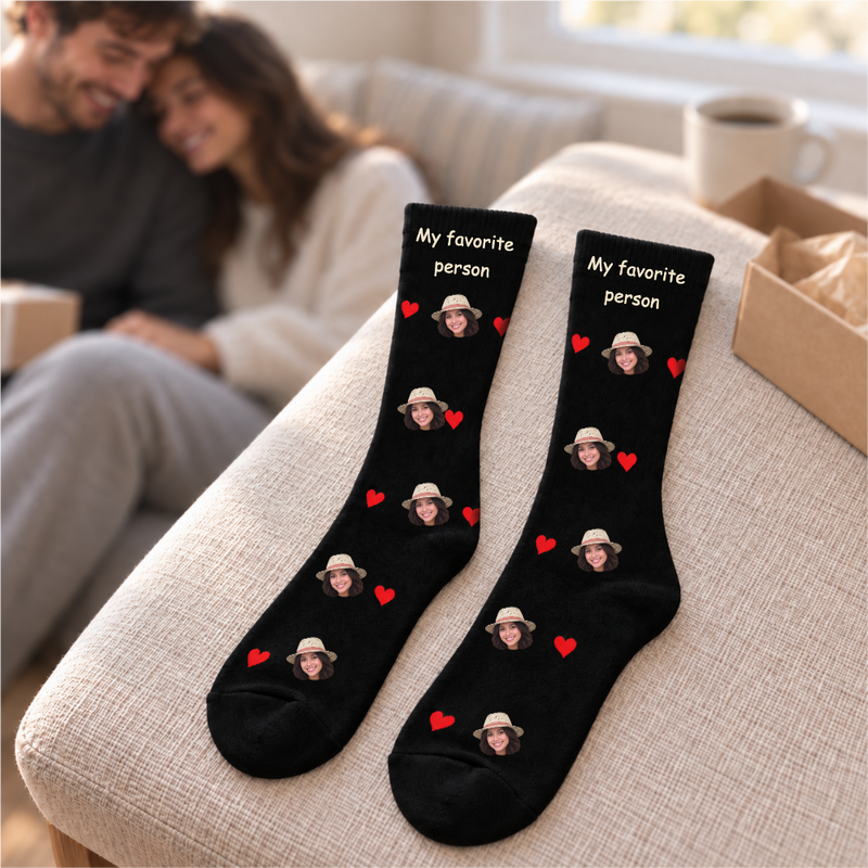 Face Socks gallery view in stretch polyester knit, in a lived-in room