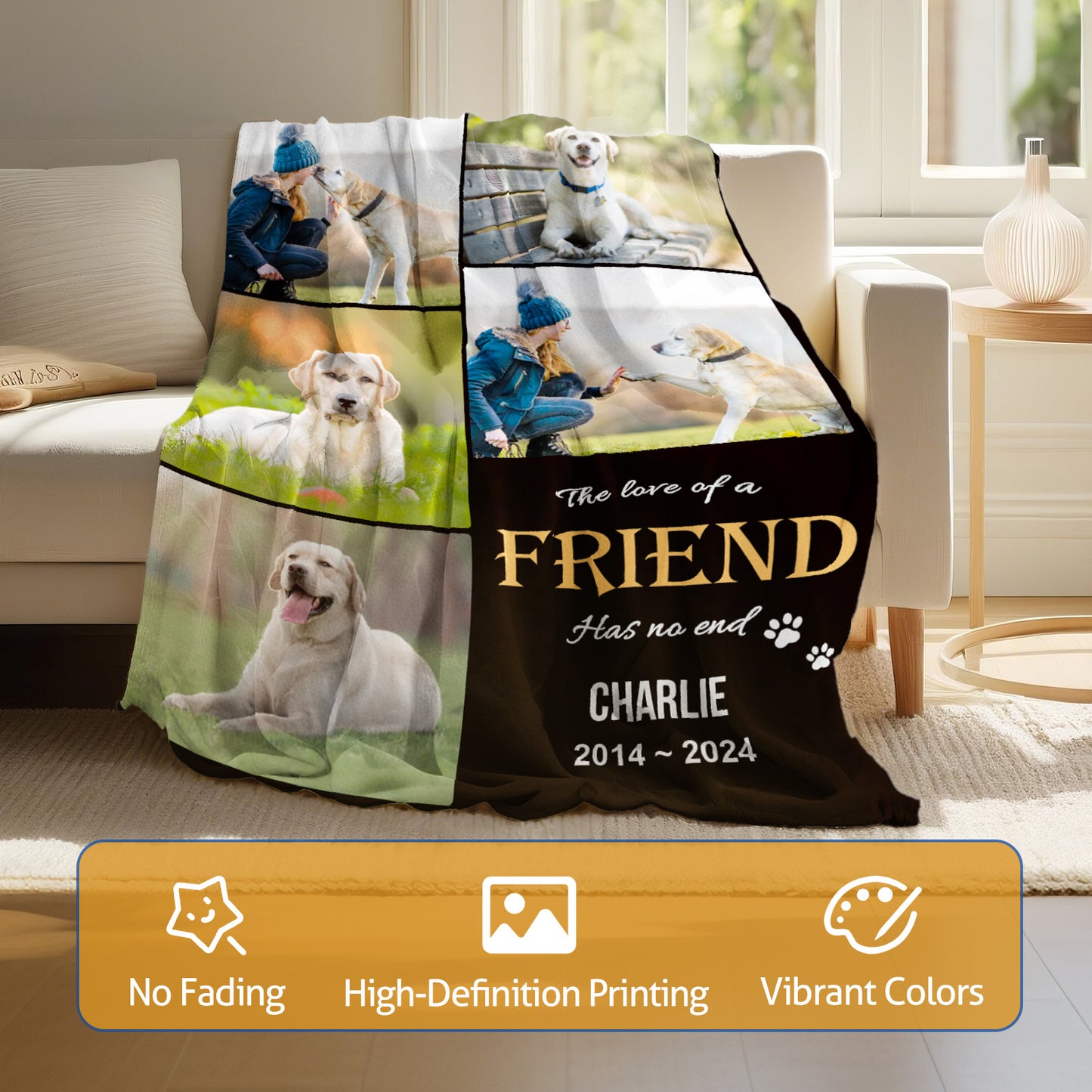 Personalized Custom Pet Memorial Blanket with Picture Text, (Dog Print Blanket) 5 Photos