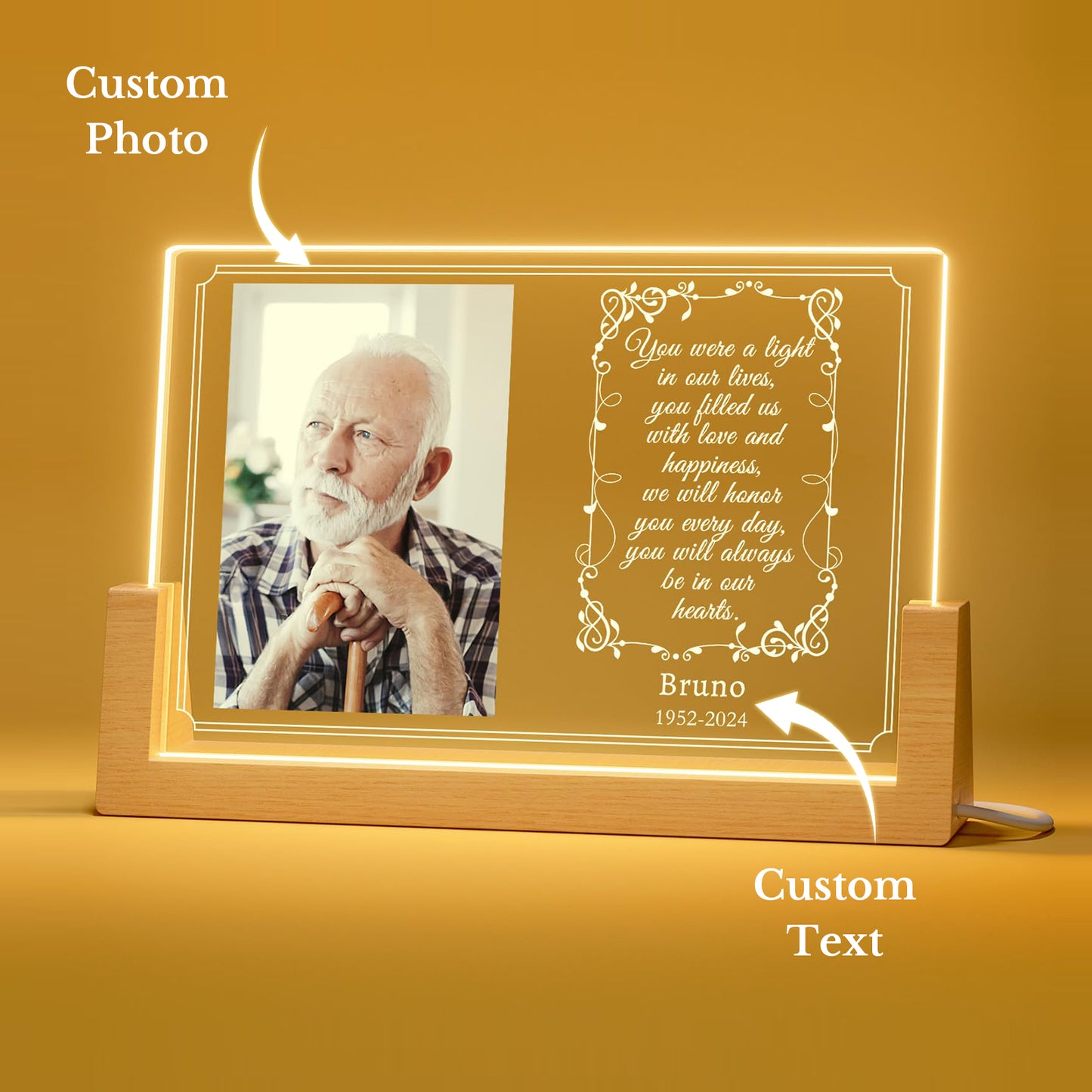 Illuminated photo frame memorial plaque gifts for departed loved ones