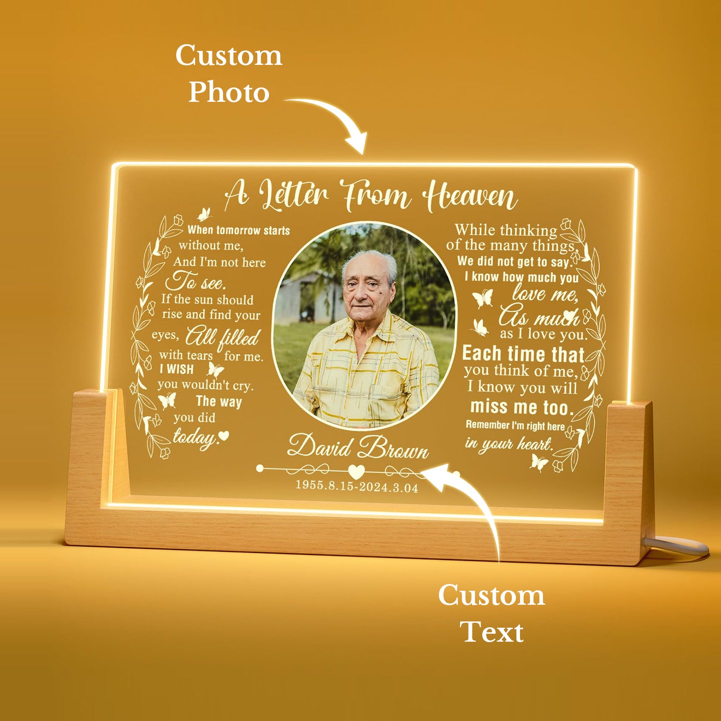 Illuminated photo frame memorial plaque gifts for departed loved ones