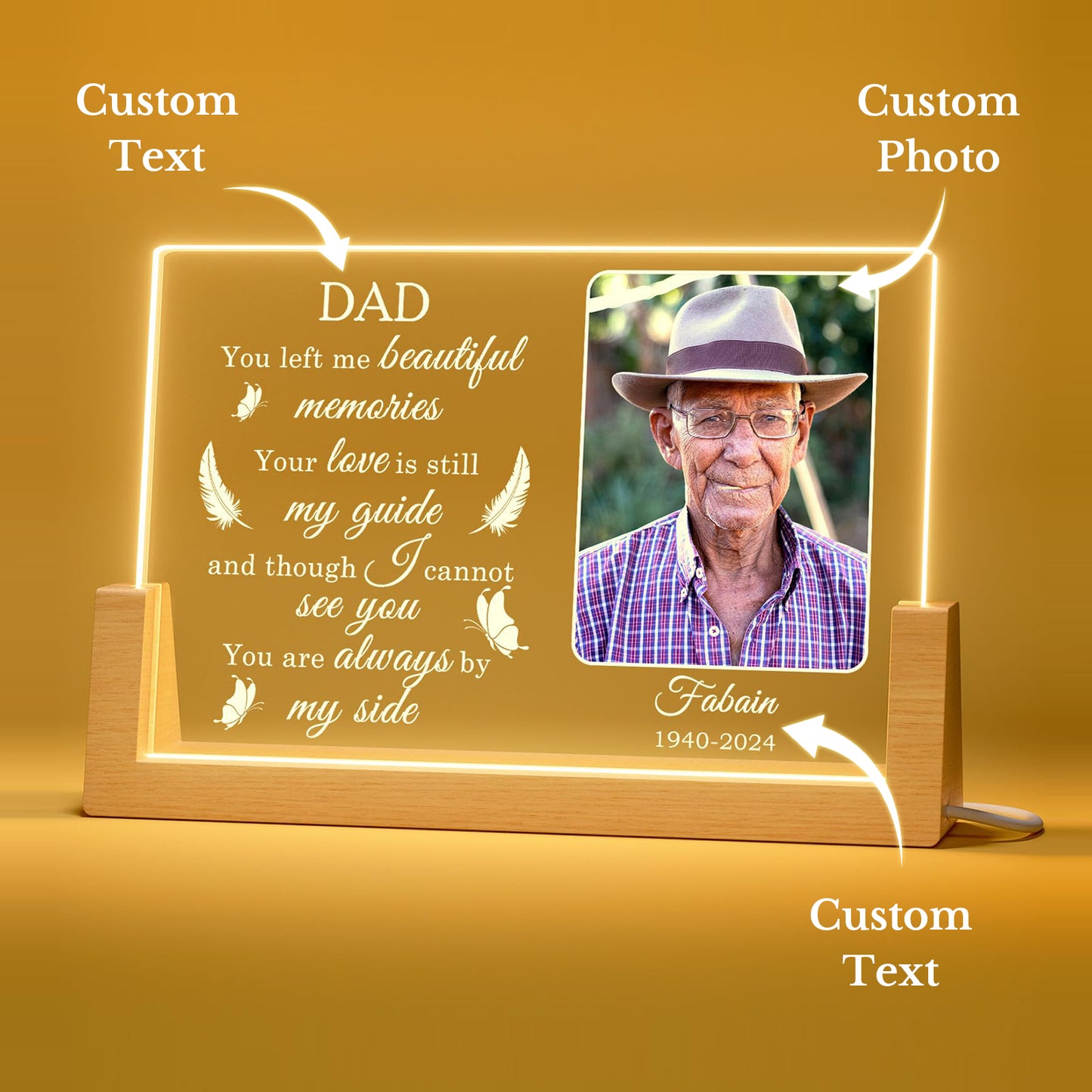 Illuminated photo frame memorial plaque gifts for departed loved ones