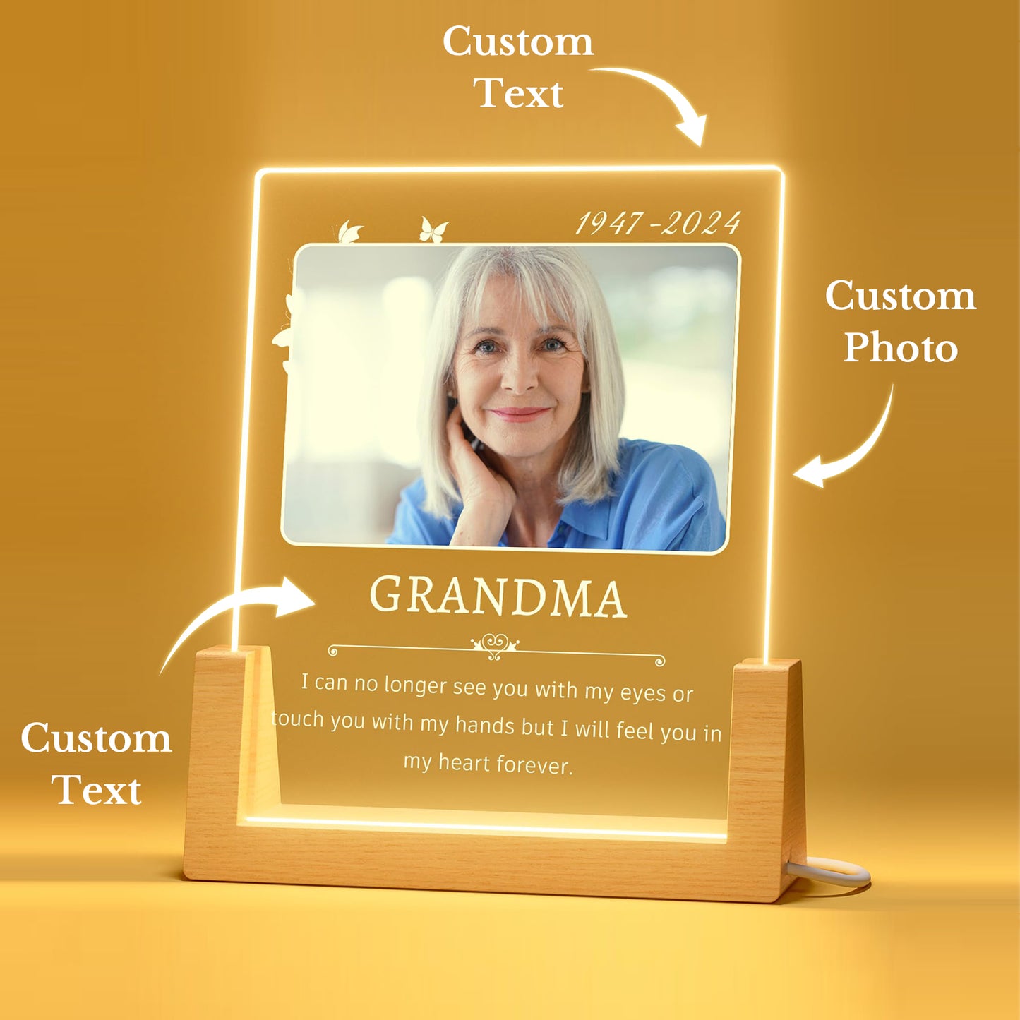 Illuminated photo frame memorial plaque gifts for departed loved ones