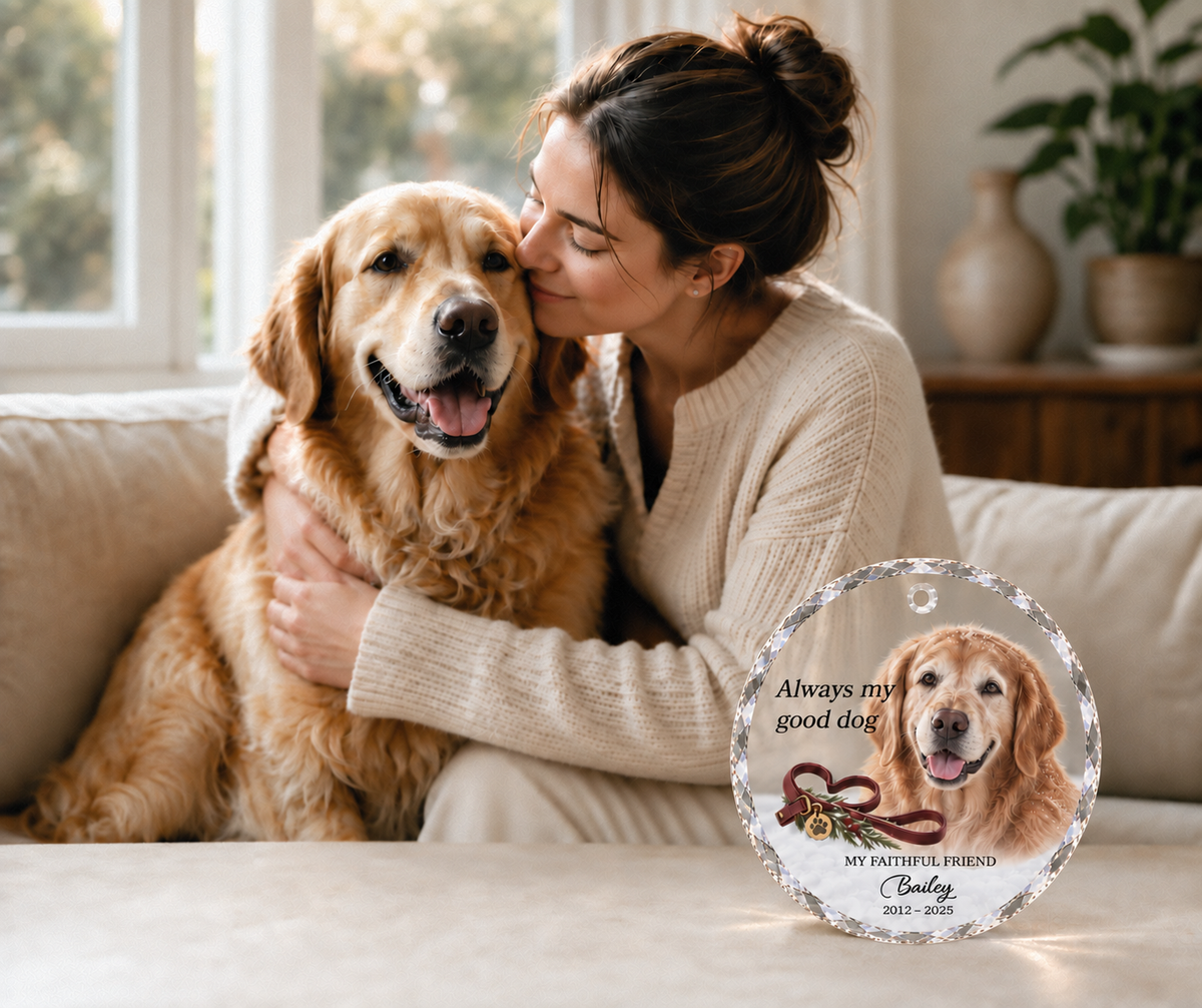 Woman embracing Max, her golden retriever, beside a personalized portrait ornament