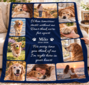 Navy pet memorial photo blanket with ten photos of a golden retriever arranged around his name and dates
