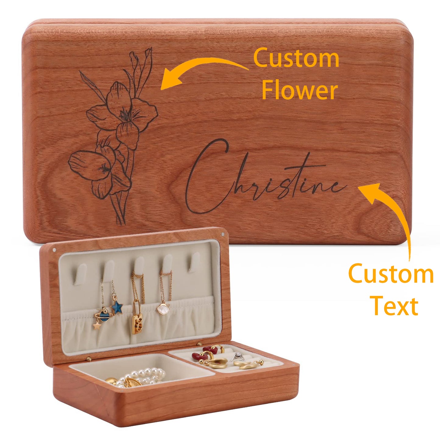 Custom wooden jewelry box, cherry wood travel jewelry organizer