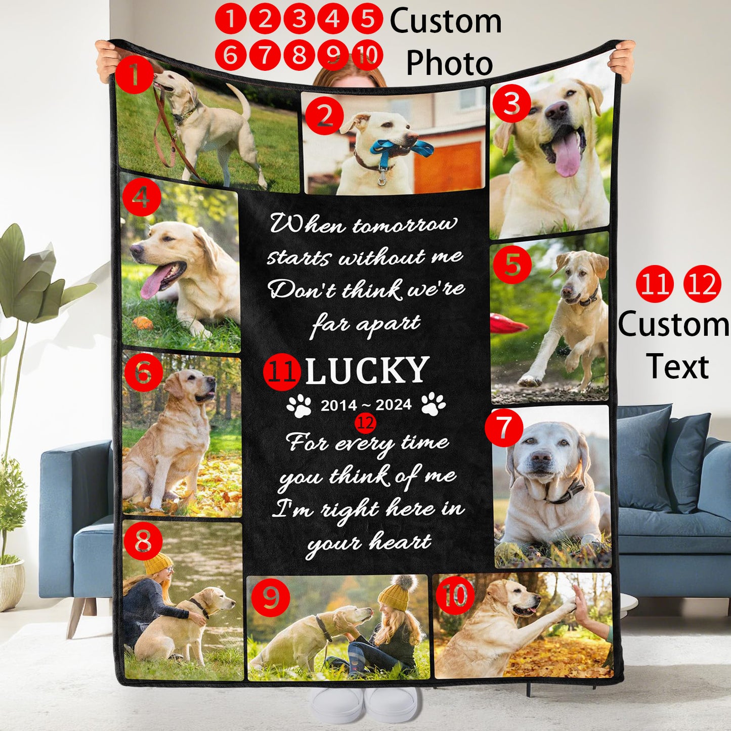 Custom Personalized Dog Memorial Blanket with Picture Text, 10 Photos