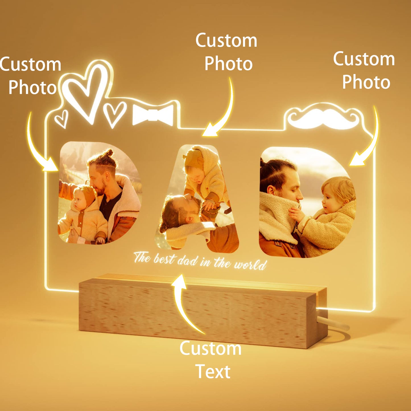 Personalized Gift for Dad - Customized Night Light with Photo  and Text