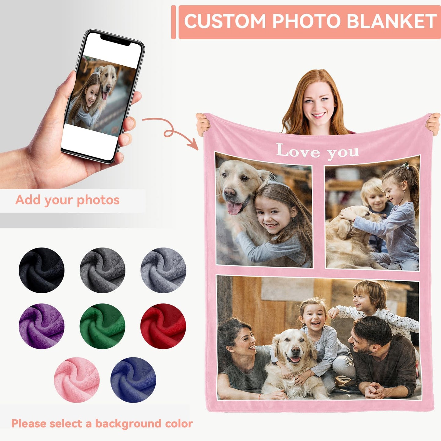 Personalized Gifts - Custom Blanket with Photo Text, 3 Photos