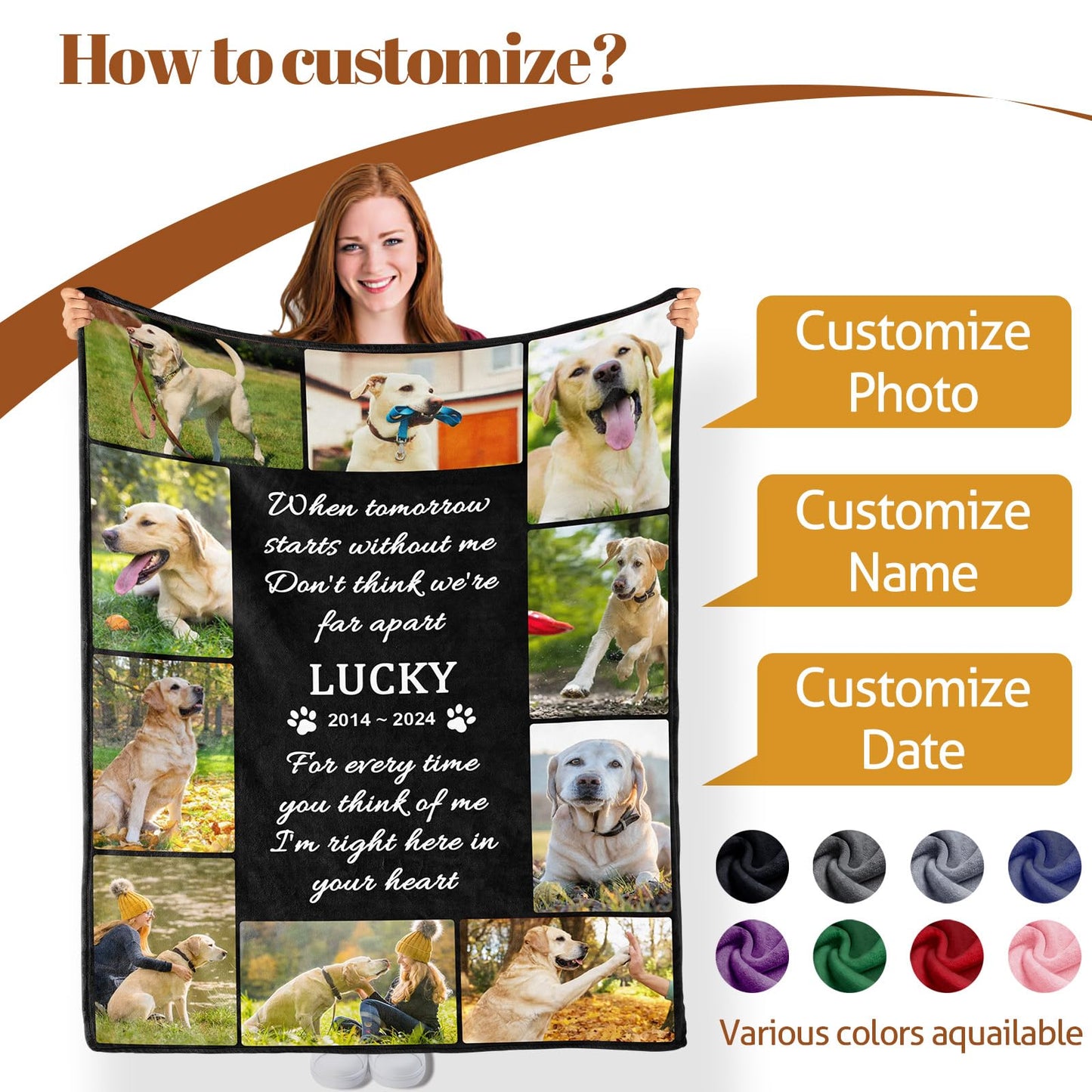 Custom Personalized Dog Memorial Blanket with Picture Text, 10 Photos
