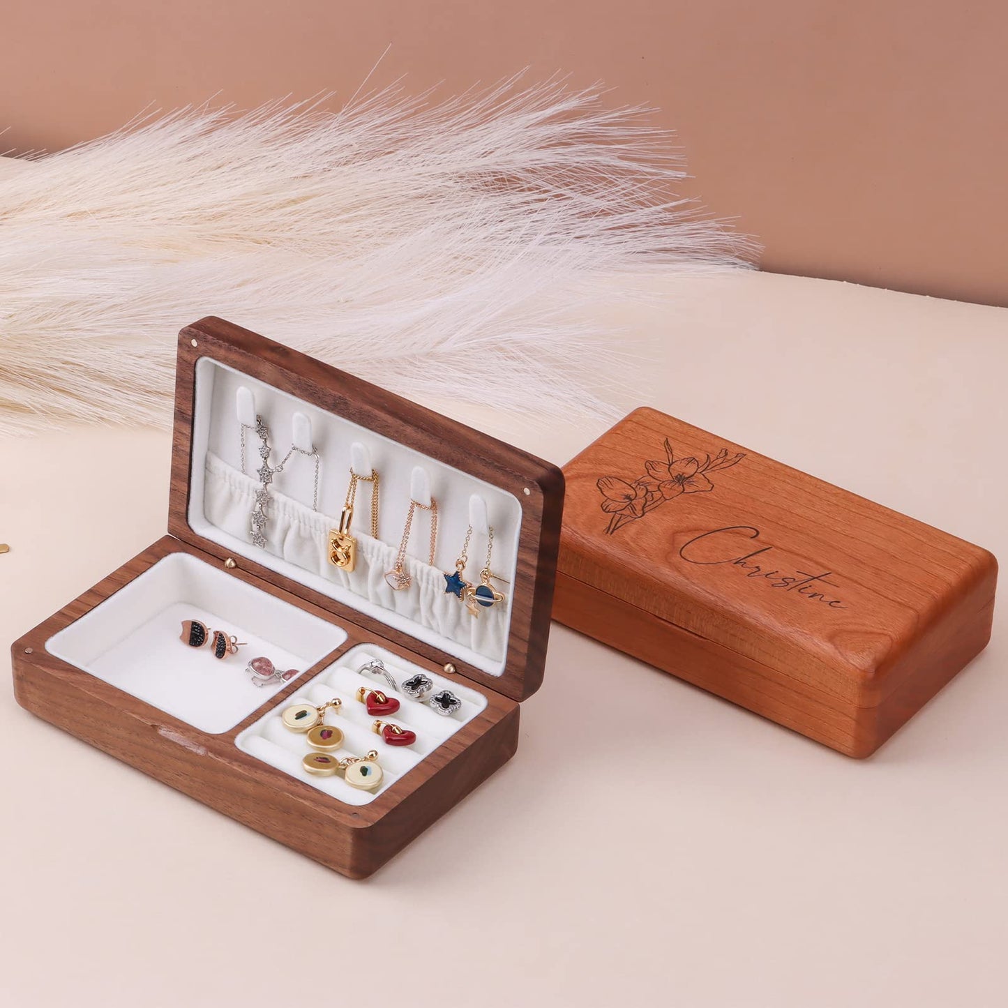 Custom wooden jewelry box, cherry wood travel jewelry organizer