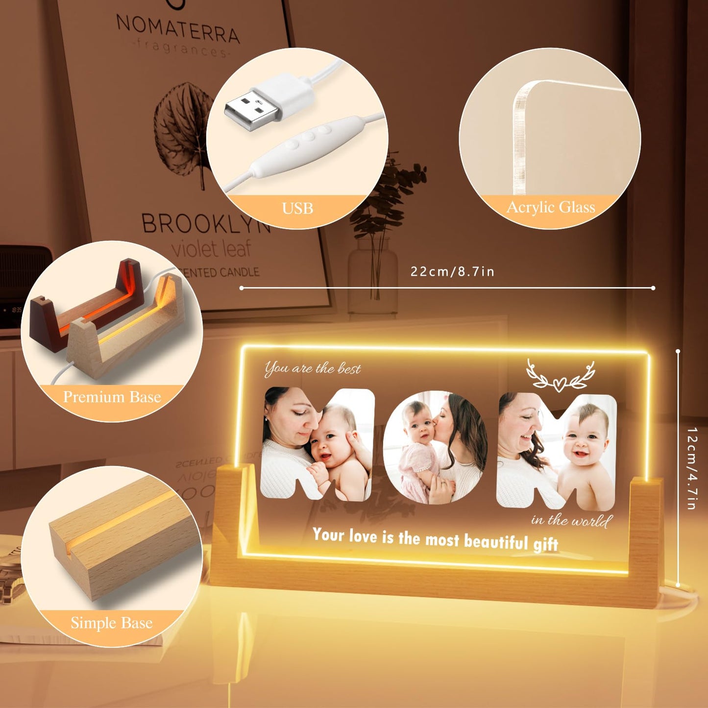 Custom Personalized Acrylic Mom Plaque with Photo and Text, 8.7x4.7 Inch