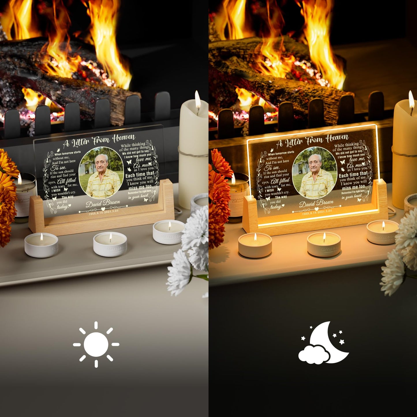 Illuminated photo frame memorial plaque gifts for departed loved ones