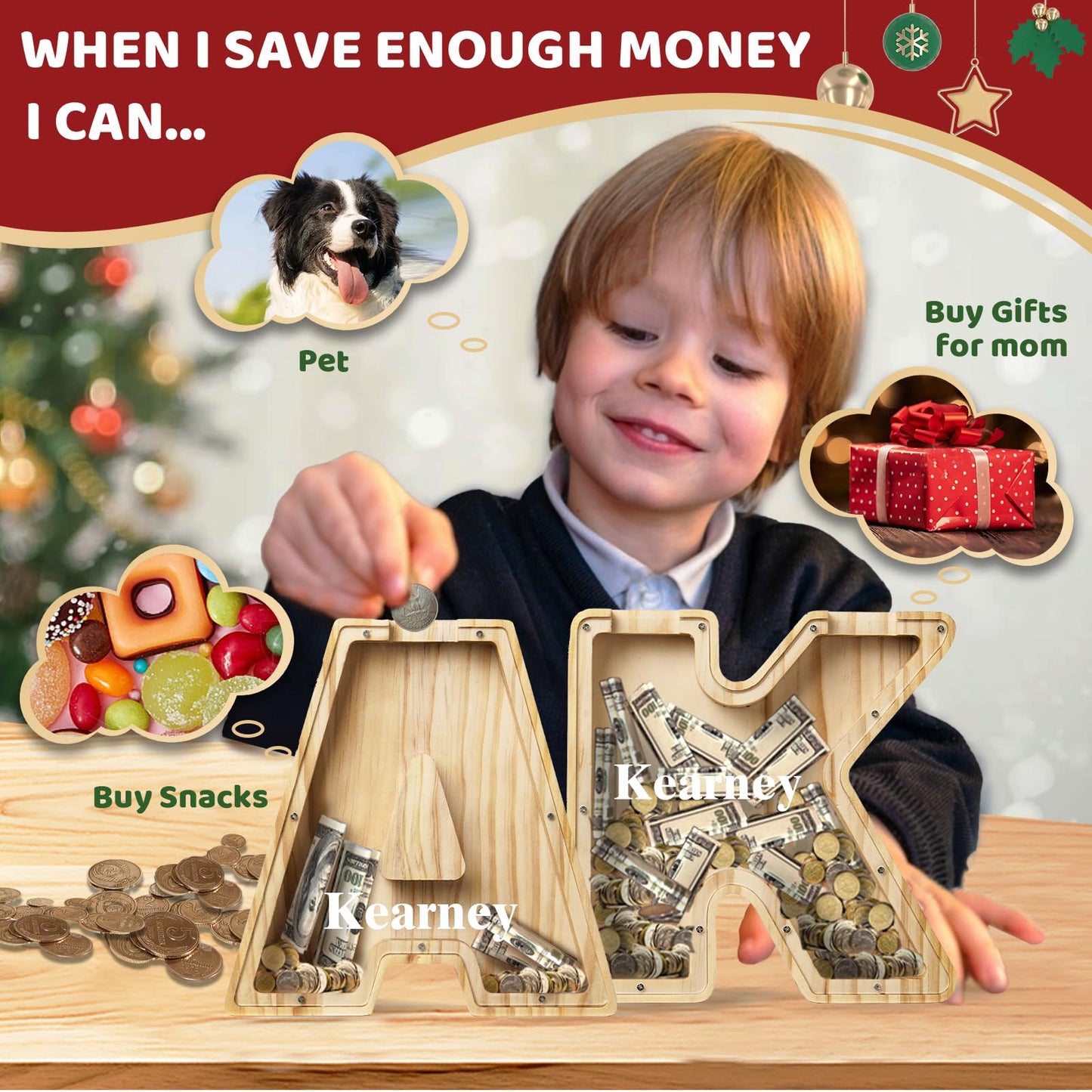 Personalized Savings Jars for Kids: Custom Name Monogrammed Wooden Coin Banks