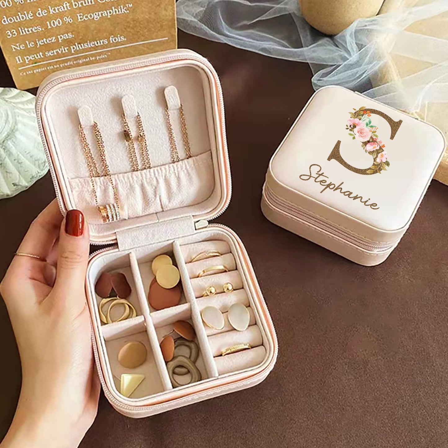 Personalized monogrammed jewelry box with initials and name