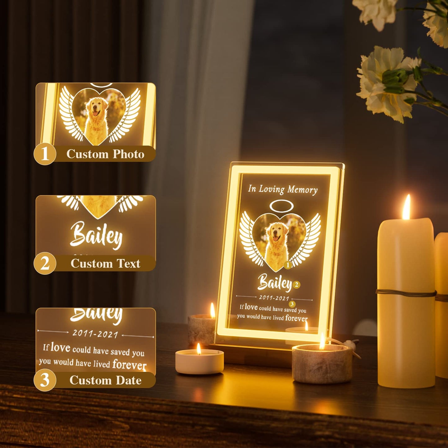 Custom Personalized Dog Pet Memorial Photo Frame Night Light