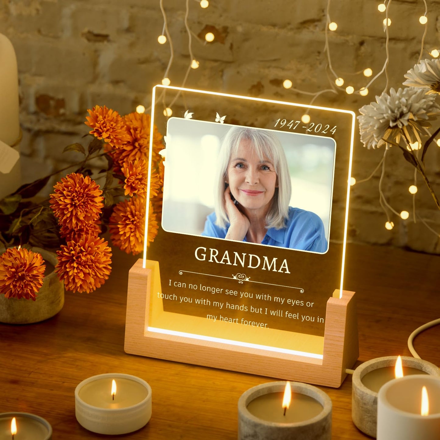 Illuminated photo frame memorial plaque gifts for departed loved ones