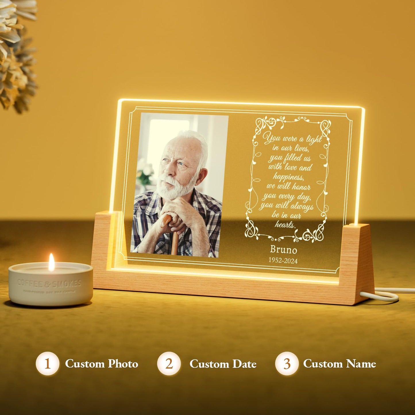 Illuminated photo frame memorial plaque gifts for departed loved ones