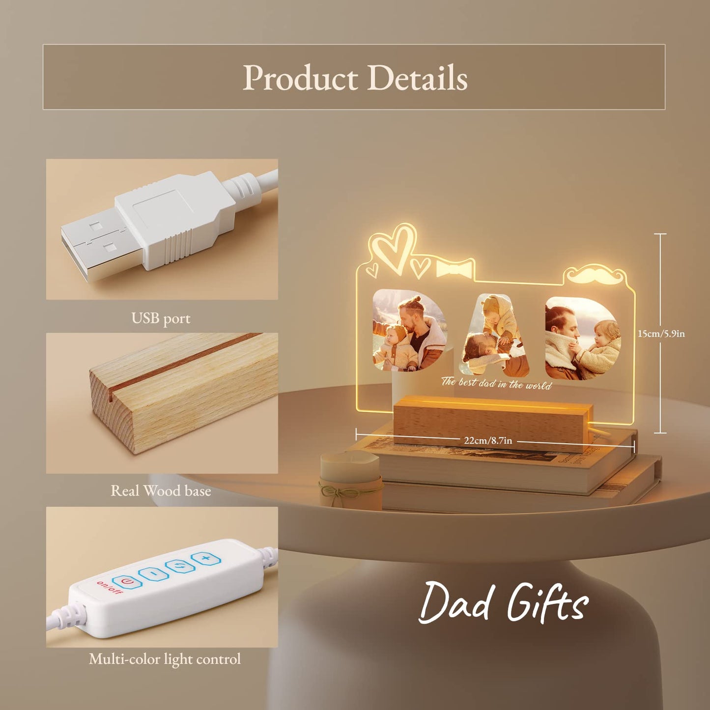Personalized Gift for Dad - Customized Night Light with Photo  and Text