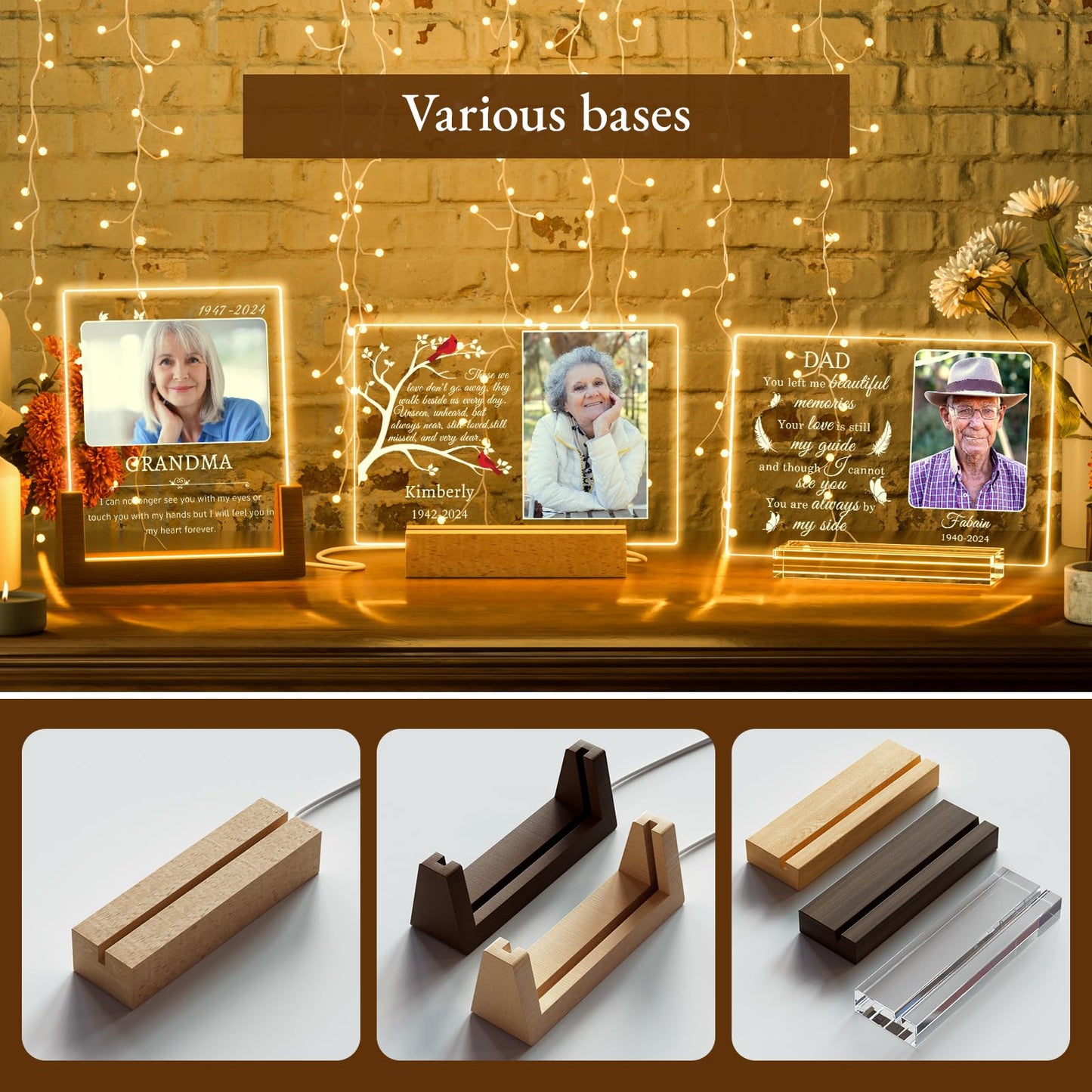Illuminated photo frame memorial plaque gifts for departed loved ones