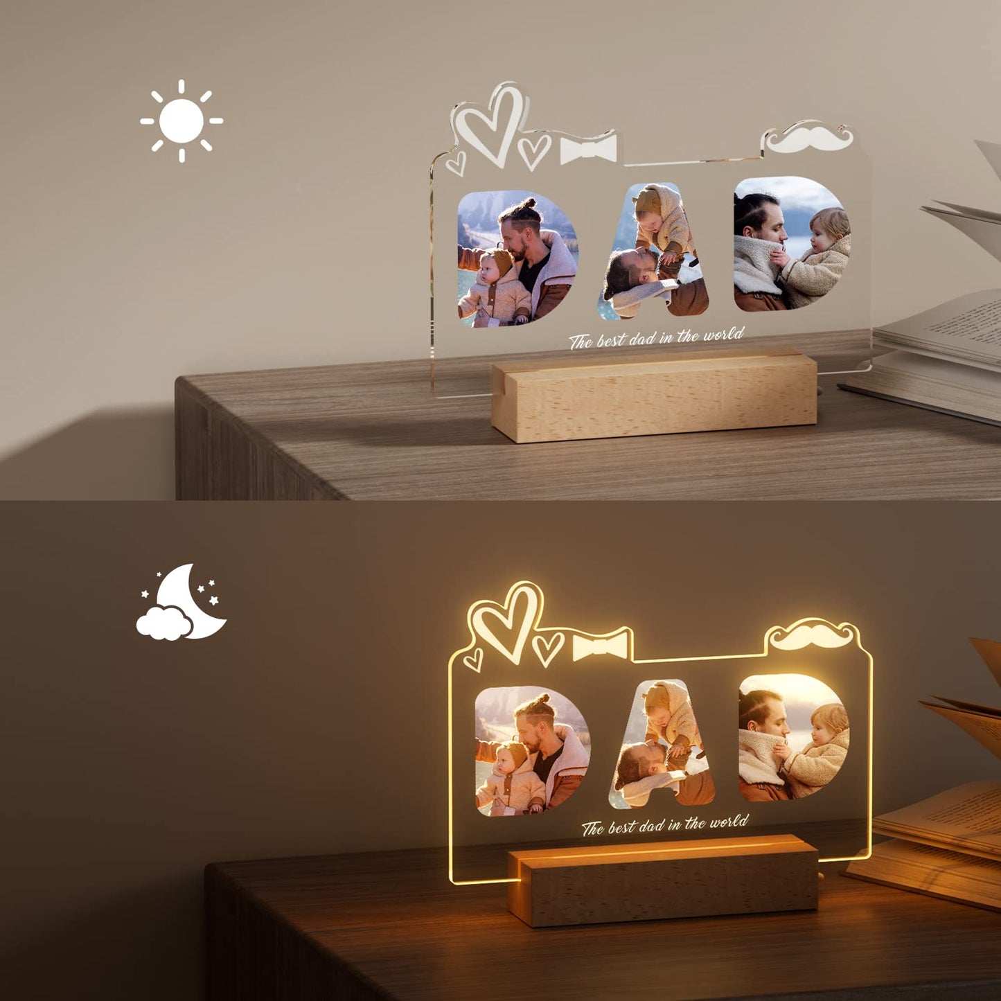 Personalized Gift for Dad - Customized Night Light with Photo  and Text