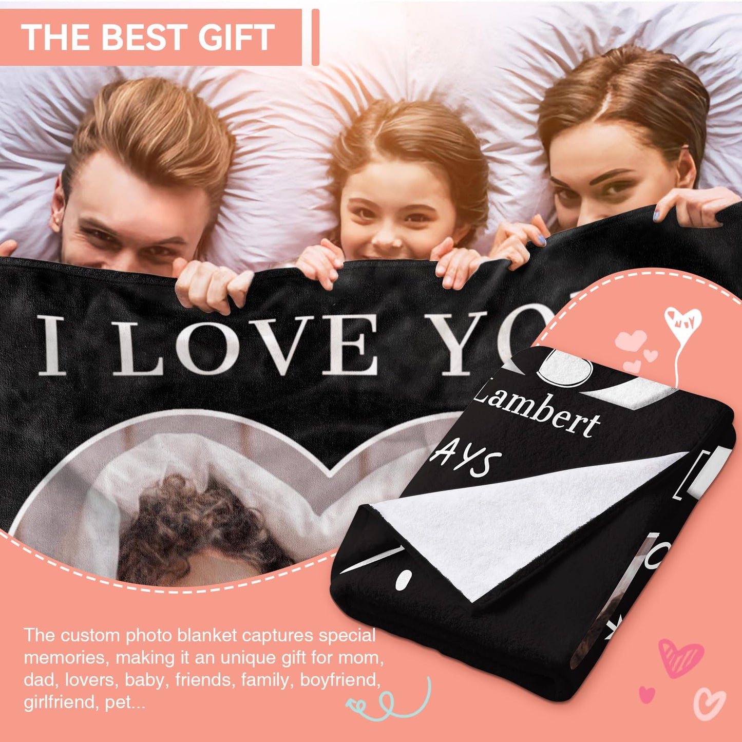 Personalized Blanket Gift for Her, Custom Blanket with Photo Text, 1 Photo
