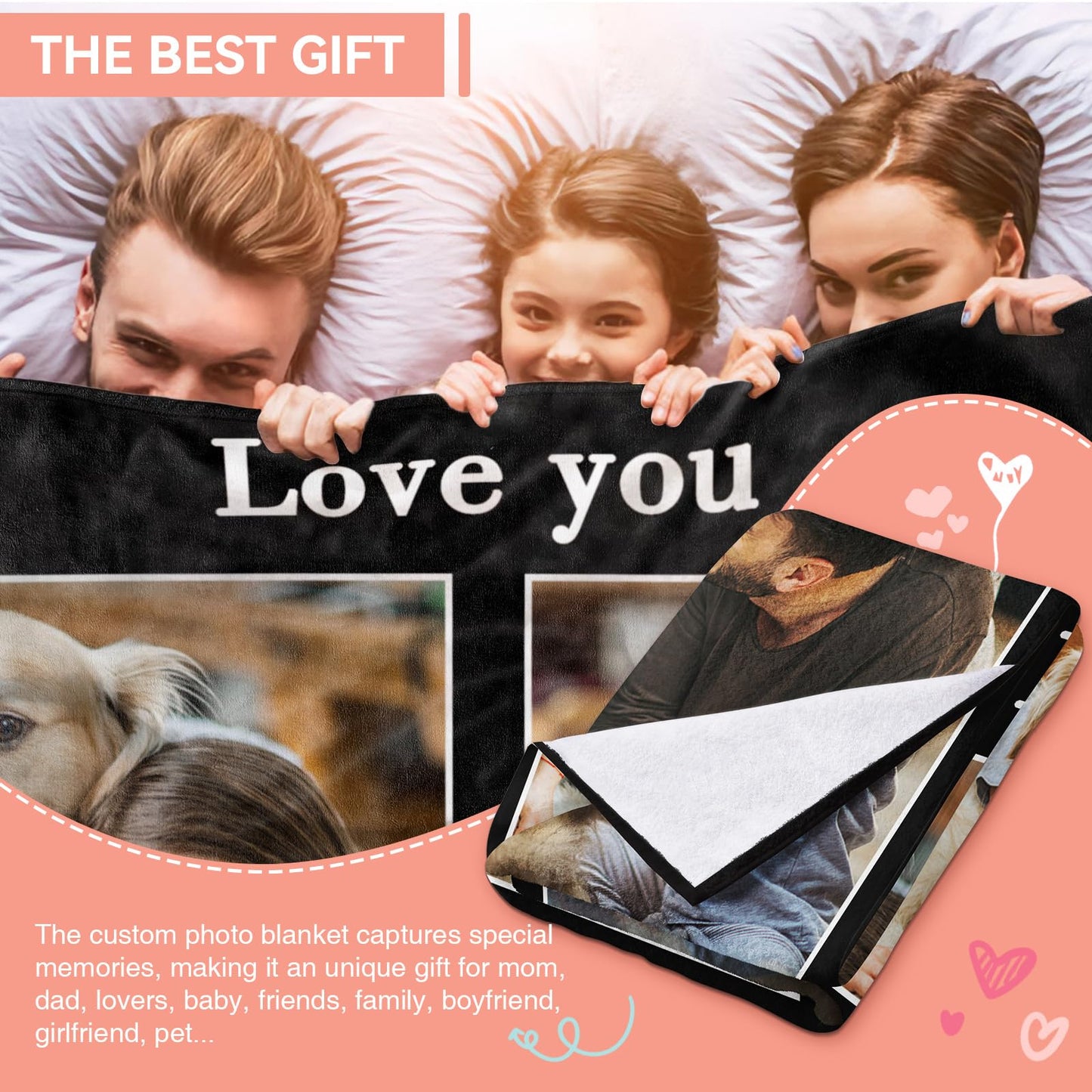 Personalized Gifts - Custom Blanket with Photo Text, 3 Photos