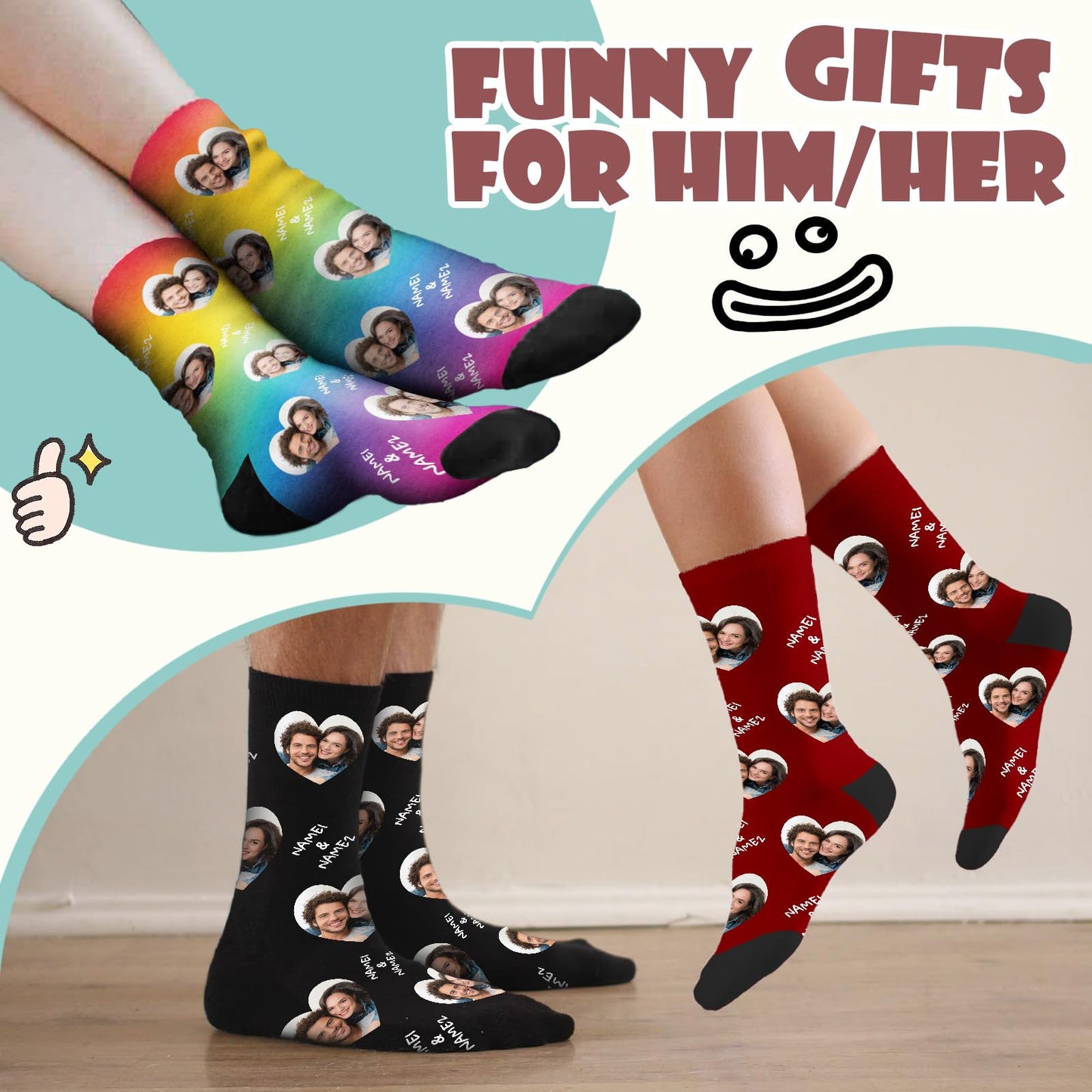 Custom Face Socks with Picture, Personalized Funny Socks for Men Women