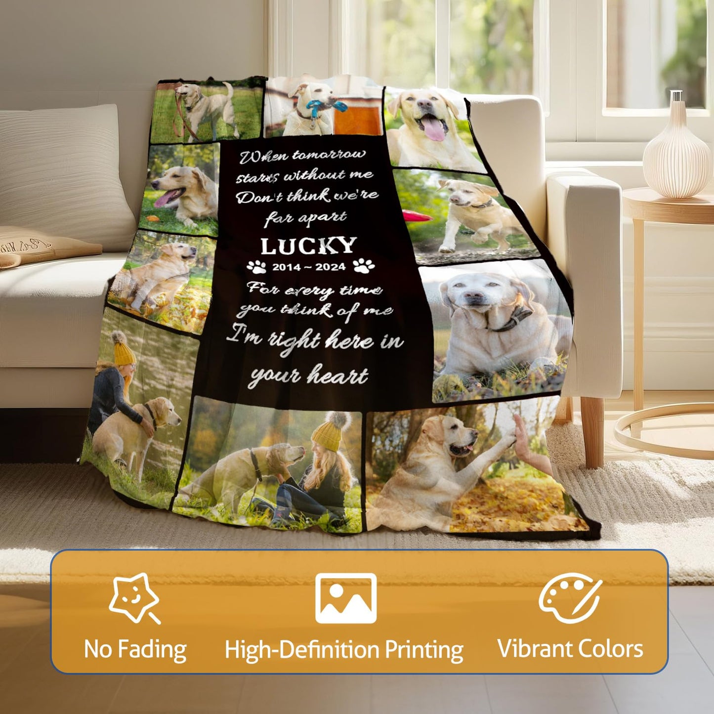 Custom Personalized Dog Memorial Blanket with Picture Text, 10 Photos