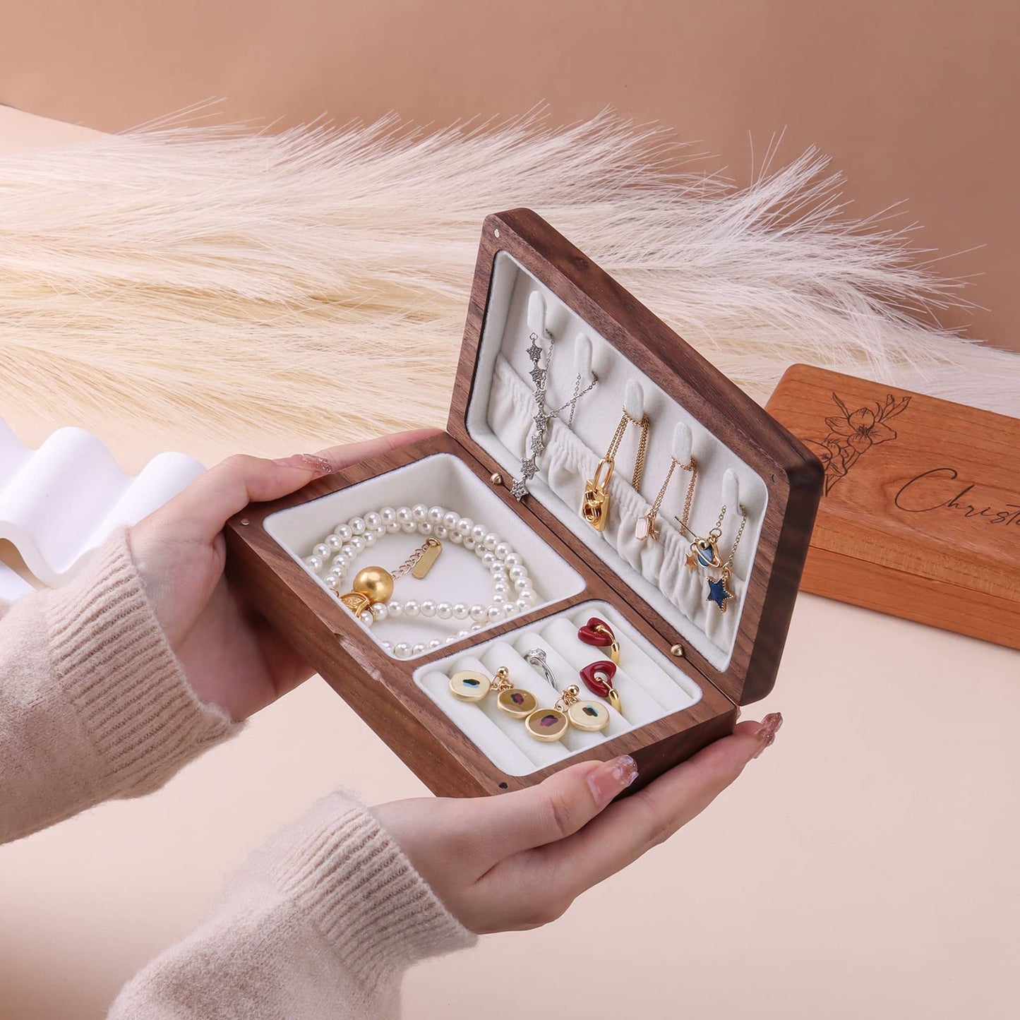 Custom wooden jewelry box, cherry wood travel jewelry organizer