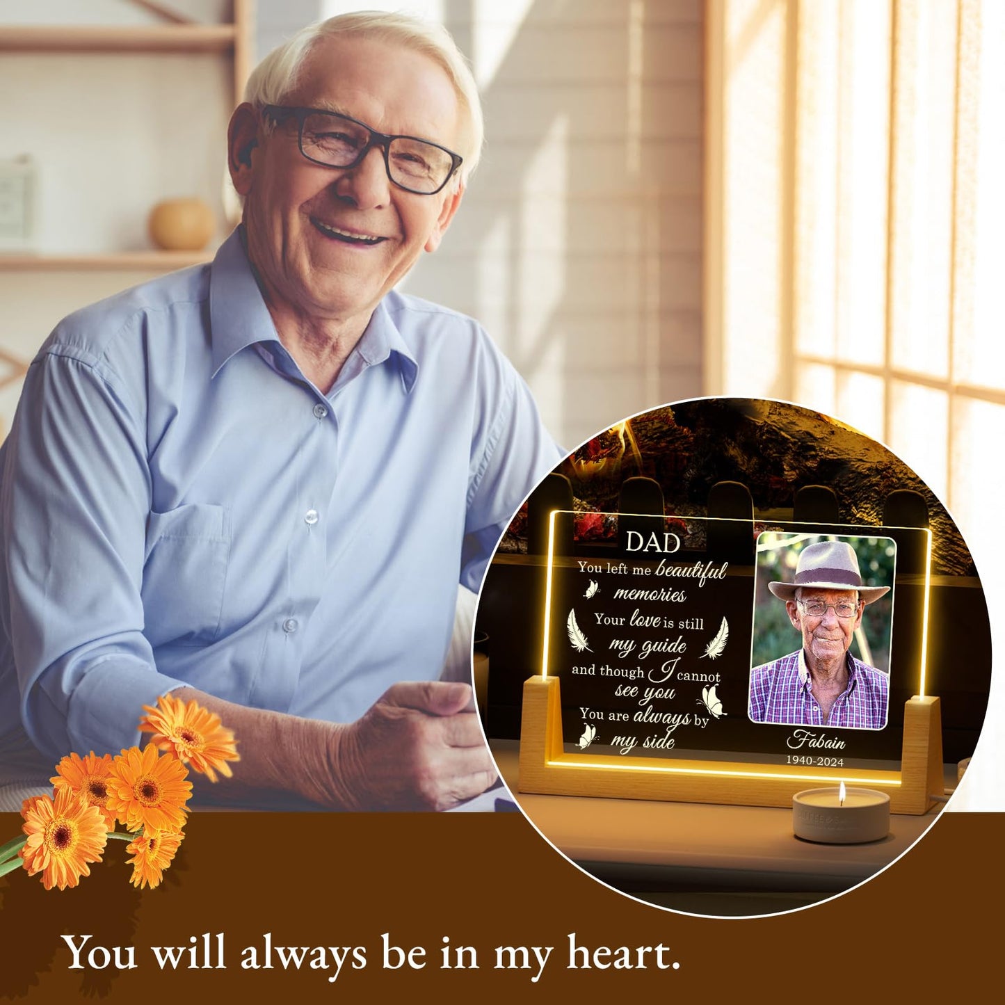 Illuminated photo frame memorial plaque gifts for departed loved ones