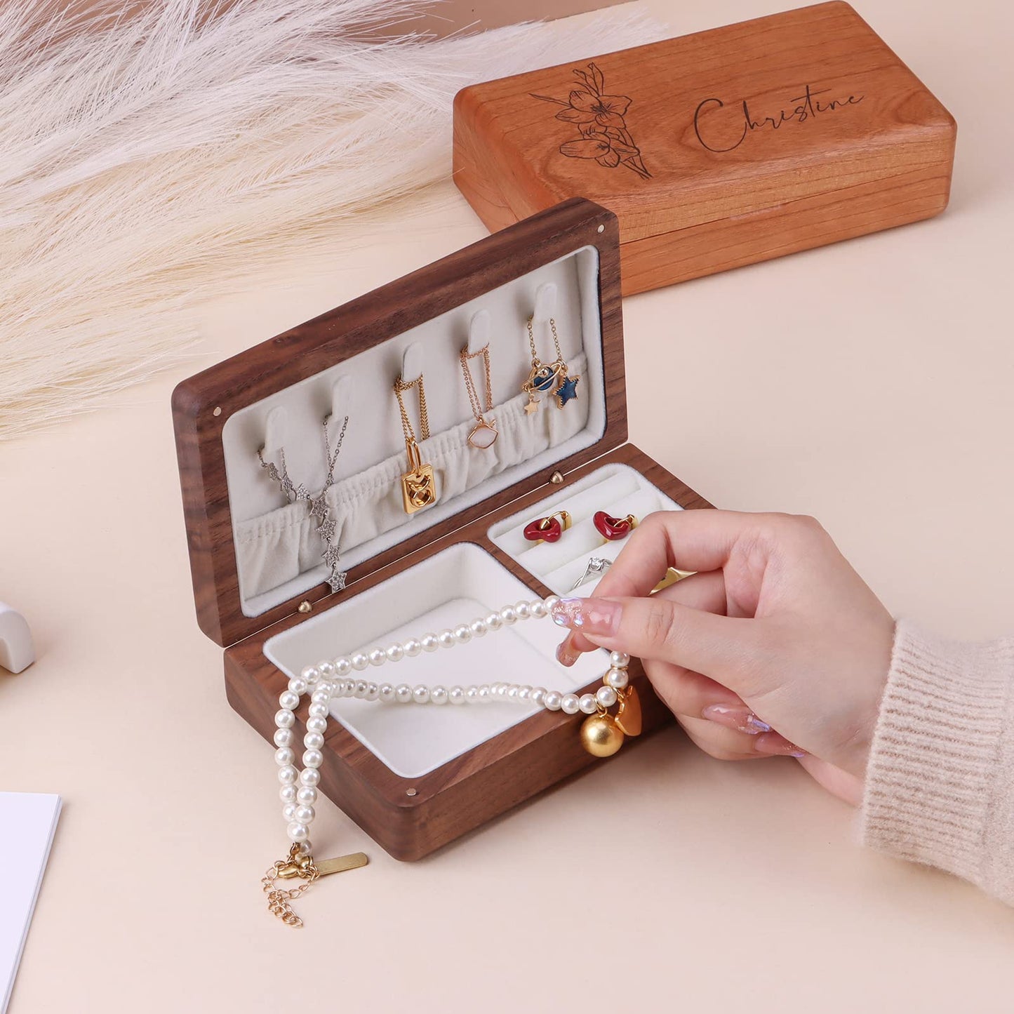 Custom wooden jewelry box, cherry wood travel jewelry organizer