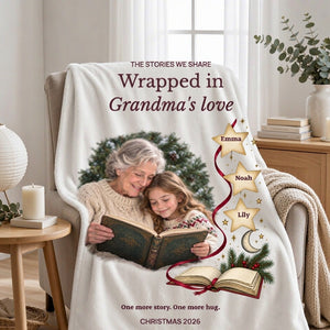 Personalized fleece blanket for Grandma draped over an armchair in a bright living room, the printed design facing out