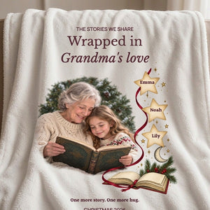 Close-up of the personalized fleece blanket for Grandma showing the lettering, the framed photograph, the gold stars and the open book