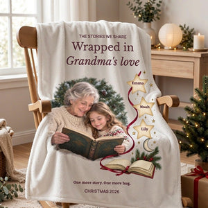 Personalized fleece blanket for Grandma draped over a rocking chair beside a decorated fir tree at night
